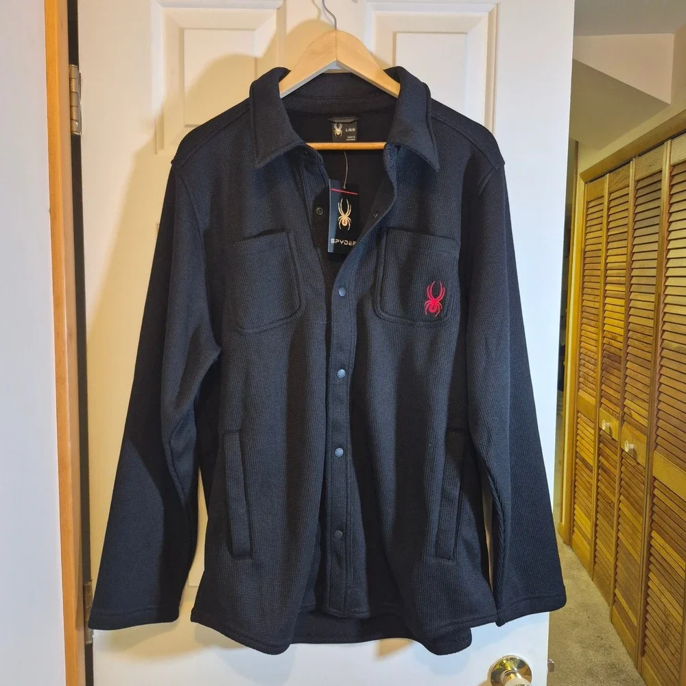 Spyder Mens Black Waffle Knit Fleece‎ Lined Snap Front Shirt Jacket Large NEW